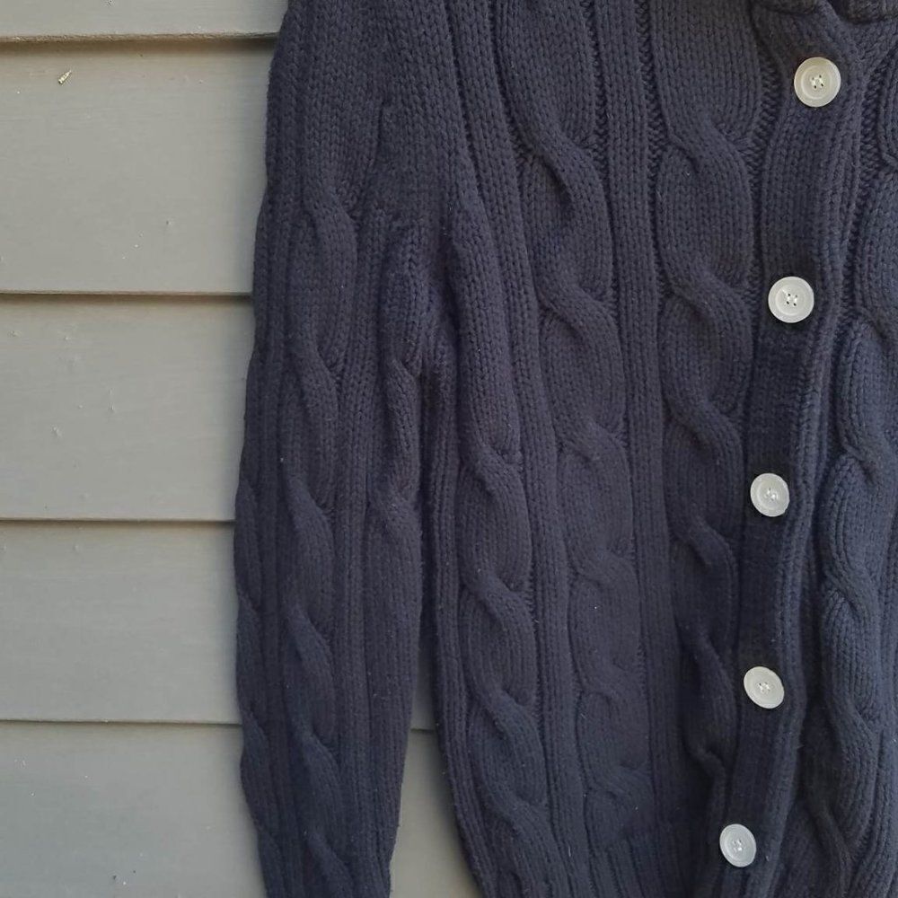 Chaps Navy Chunky Cable Knit Cardigan Sweater with White Buttons Size Large - Picture 9 of 9